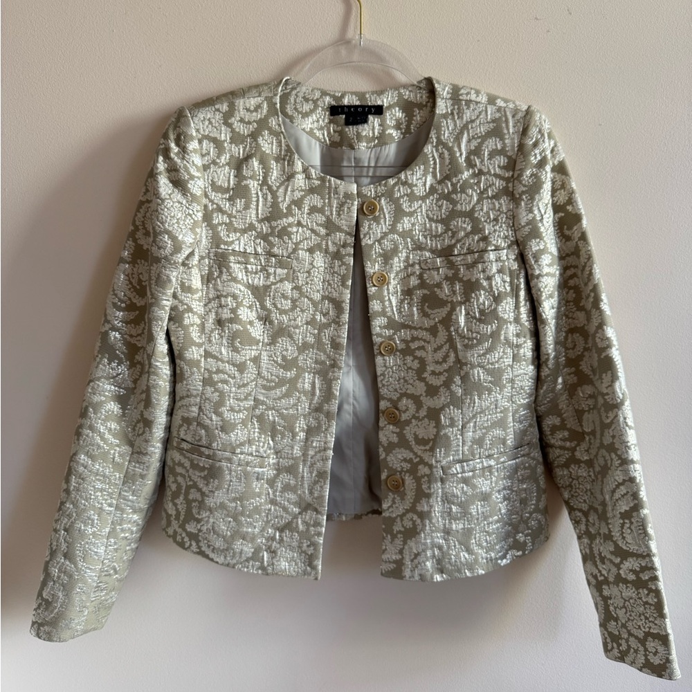 THEORY Vintage Cream Metallic Gold & Silver Lurex Brocade Jacquard Jacket size 2
